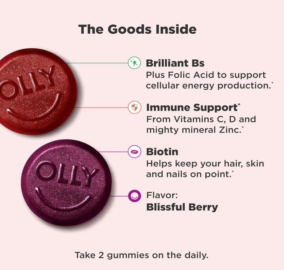 OLLY Women’s Multivitamin – Gummies para Mujer con Vitaminas A, D, C, E, Biotina y Ácido Fólico (90 gomitas)