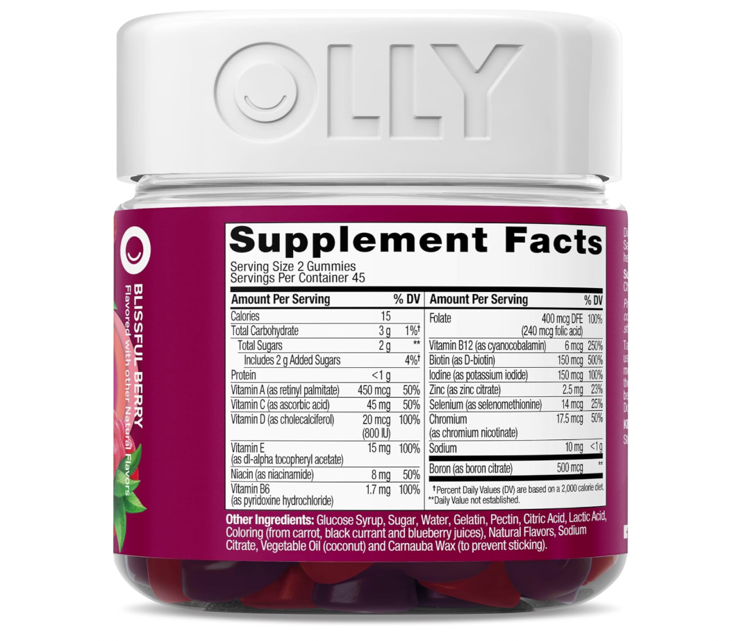 OLLY Women’s Multivitamin – Gummies para Mujer con Vitaminas A, D, C, E, Biotina y Ácido Fólico (90 gomitas)