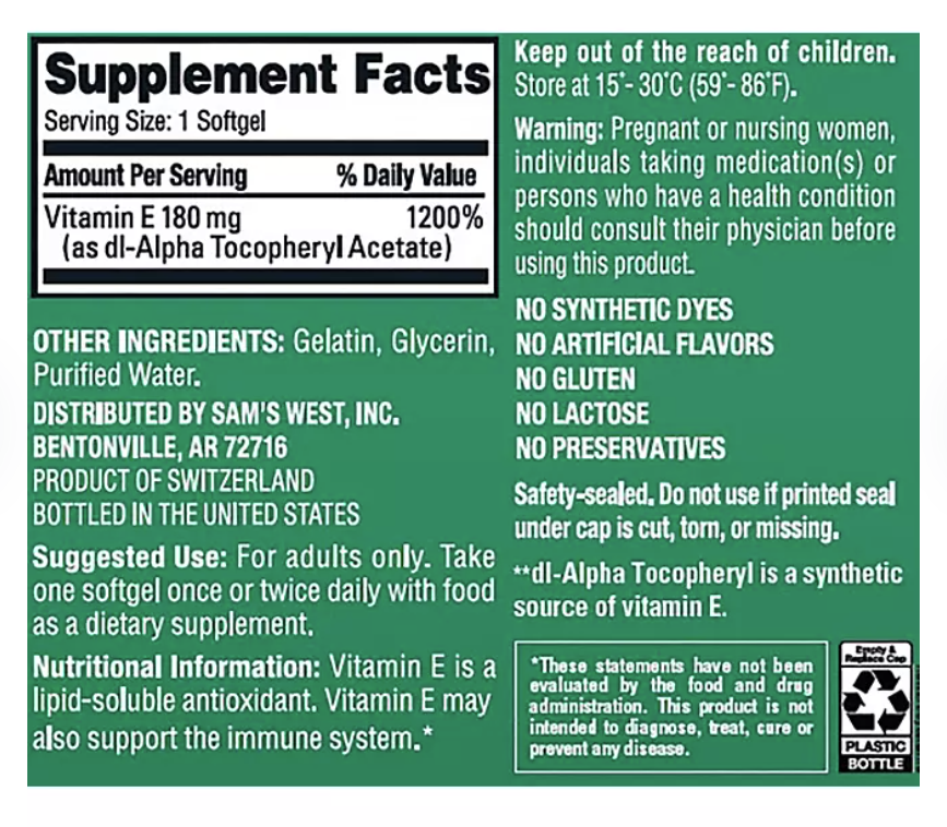 Member’s Mark Vitamina E 180 mg – 500 Cápsulas Blandas | Antioxidante y Salud Celular