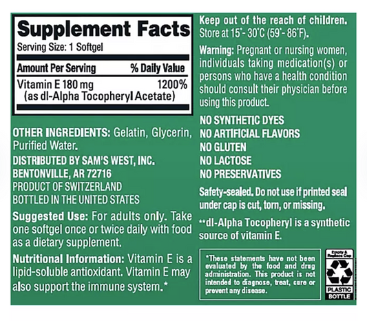 Member’s Mark Vitamina E 180 mg – 500 Cápsulas Blandas | Antioxidante y Salud Celular