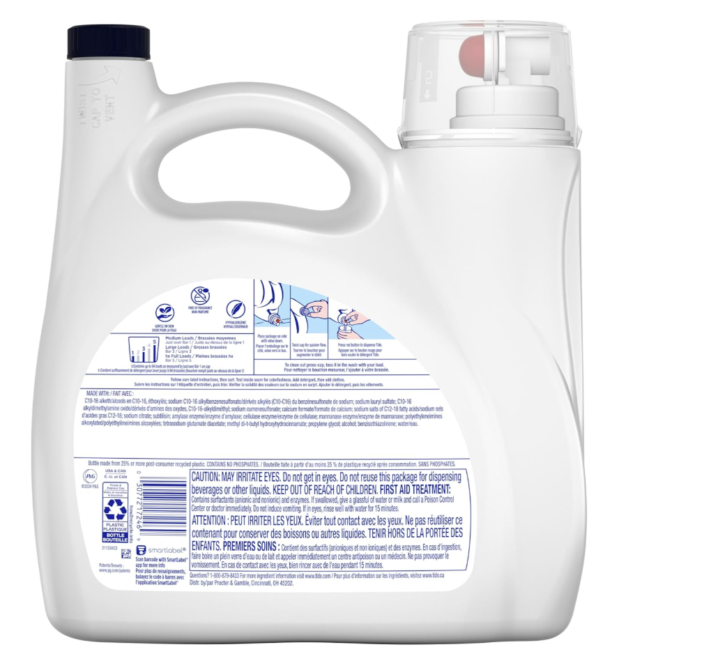 Tide Free & Gentle 94 Cargas – Detergente Líquido HE Sin Aroma para Piel Sensible - OdorRefresh