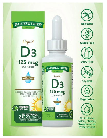 Nature’s Truth Vitamina D3 Líquida 125 mcg (5000 IU) – 59 mL con Gotero