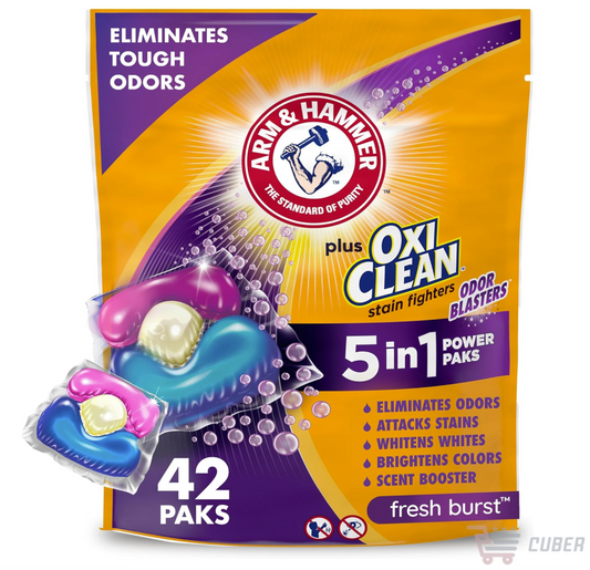 ARM & HAMMER Plus OxiClean + Odor Blasters 5-en-1 – Power Paks Detergente para Ropa, Elimina Olores y Manchas, Aroma Fresh Burst, 42 cápsulas