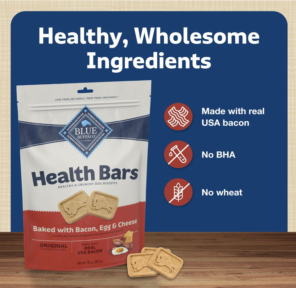 Blue Buffalo Health Bars – Galletas Crujientes al Horno para Perro, Ingredientes Naturales, Tocino, Huevo y Queso, 454 g