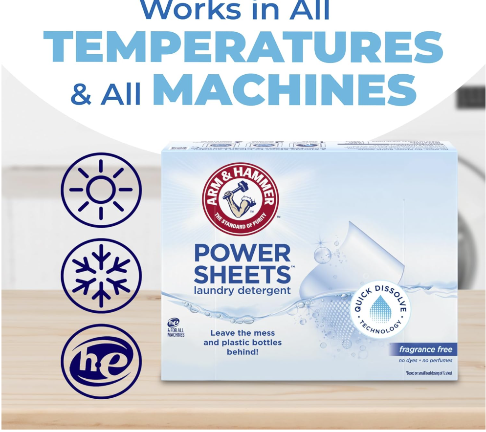 Arm & Hammer Power Sheets – Detergente en Hojas Concentradas Sin Fragancia (50 hojas)