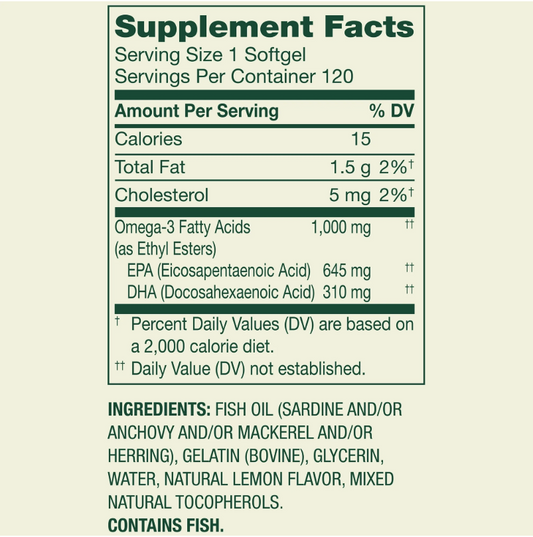 Spring Valley Omega-3 1000 mg Aceite de Pescado con Sabor Limón – 60 cápsulas blandas