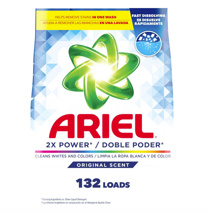 Ariel Doble Poder 132 Cargas – Detergente en Polvo Original para Ropa Blanca y de Color