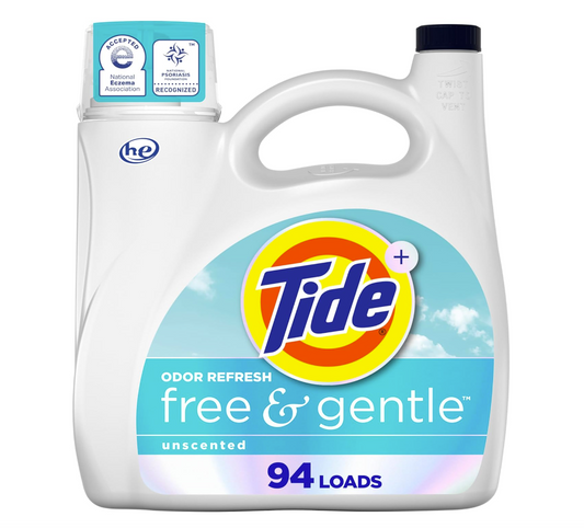 Tide Free & Gentle 94 Cargas – Detergente Líquido HE Sin Aroma para Piel Sensible - OdorRefresh